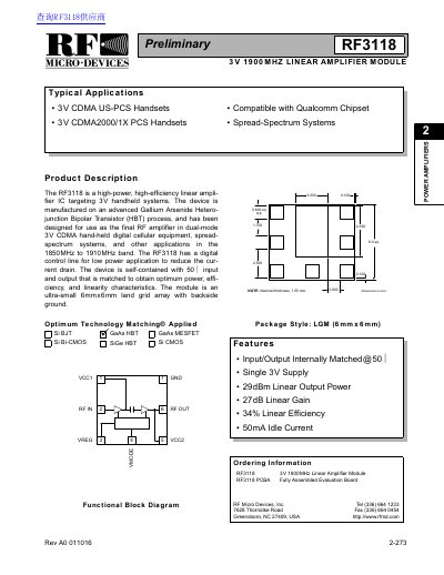 RF Micro Devices RF3118 3V Linear Amplifier Module Datasheet - cover page