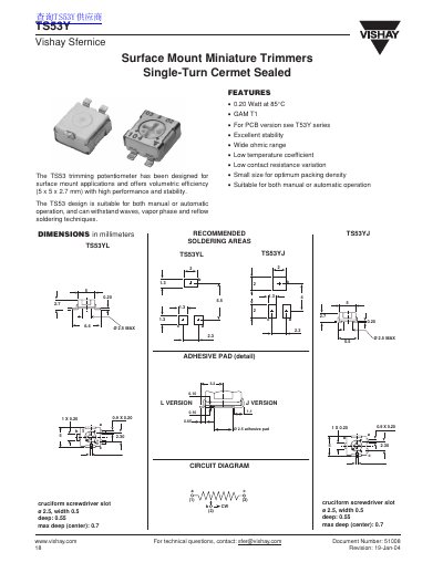 Vishay TS53Y Surface Mount Miniature Trimmer Potentiometer Datasheet - cover page
