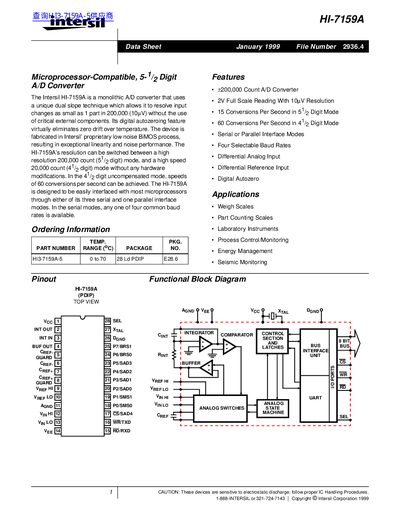 Intersil HI-7159A Microprocessor-Compatible A/D Converter Datasheet - cover page