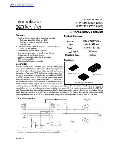 International Rectifier IR2133/IR2135/IR2233/IR2235 3-Phase Bridge Driver Datasheet
