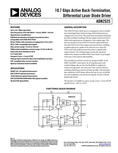 Analog Devices ADN2525 Laser Diode Driver Datasheet - cover page