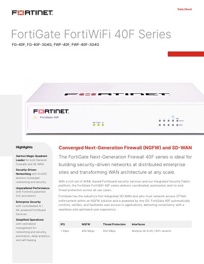 Fortinet FortiGate FortiWiFi 40F Series Datasheet - cover page