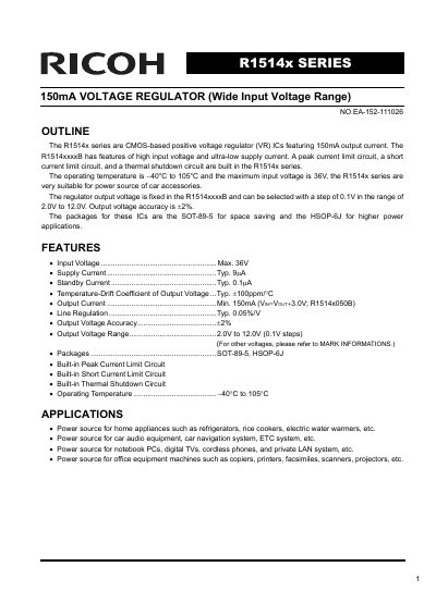 Ricoh R1514x Series Voltage Regulator IC Datasheet