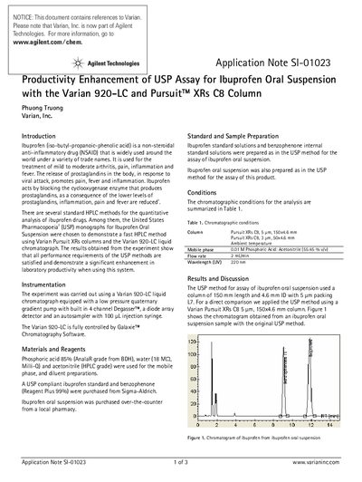 Agilent Productivity Enhancement of USP Assay for Ibuprofen Oral Suspension with the 920-LC Pursuit XRs C8 Column - cover page