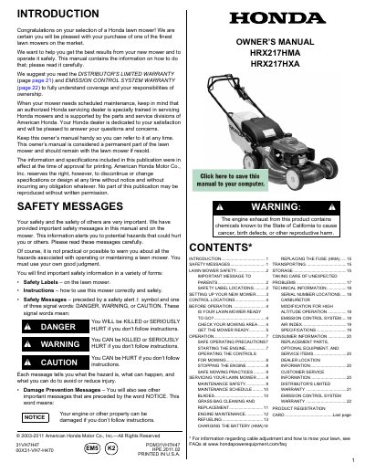 Honda HRX217HZA/HRX217HYA Lawn Mower Owner's Manual - cover page