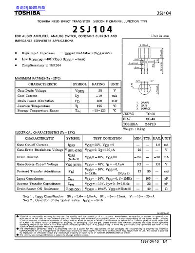 Toshiba 2SJ104 Field Effect Transistor Datasheet - cover page