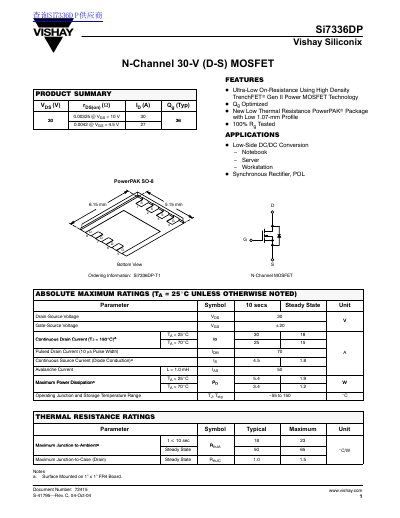 Vishay Si7336DP N-Channel MOSFET Datasheet - cover page