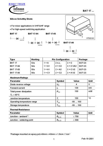Infineon BAT 17... Silicon Schottky Diode Datasheet