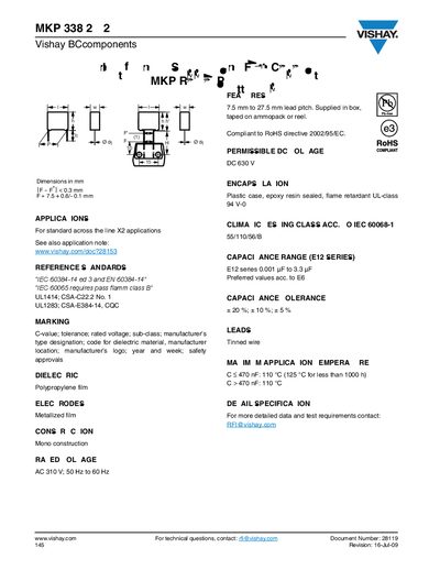 Vishay MKP 3382 2 X2 Interference Suppression Film Capacitors Datasheet - cover page