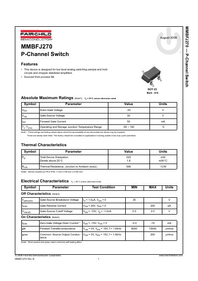 Fairchild MMBFJ270 P-Channel Switch Datasheet - cover page