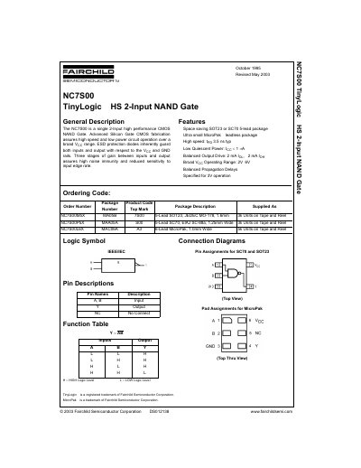 Fairchild NC7S00 TinyLogic HS 2-Input NAND Gate Datasheet - cover page