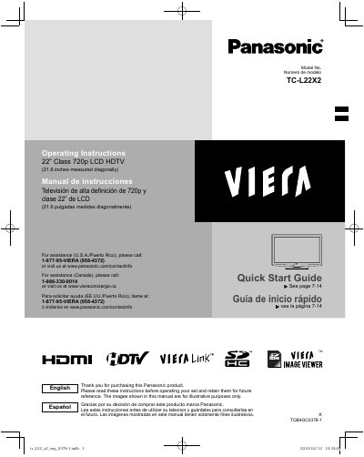 Panasonic TC-L22X2 720p LCD HDTV Quick Start Guide - cover page