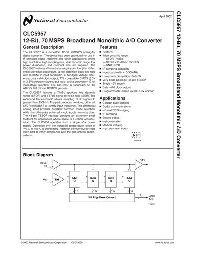 National Semiconductor CLC5957 12-Bit 70 MSPS Broadband Monolithic A/D Converter Handbook - cover page