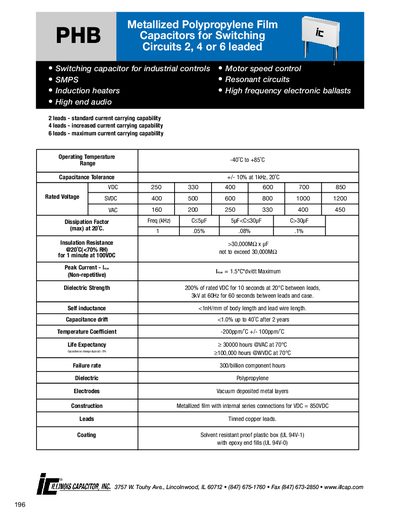 Illinois Capacitor PHB Metallized Polypropylene Film Capacitors Data Sheet - cover page