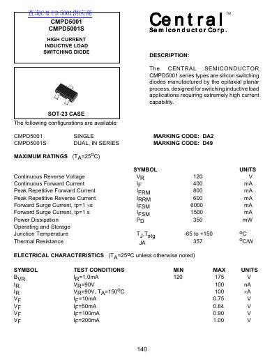 Central Semiconductor Corp. CMPD5001 Series High Current Inductive Load Switching Diode Datasheet - cover page