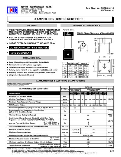 Diotec 8 Amp Silicon Bridge Rectifiers Datasheet - cover page