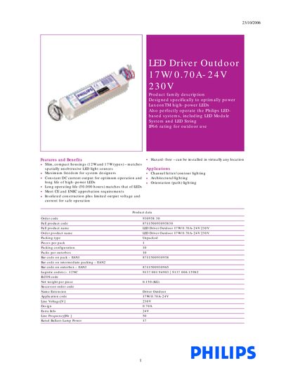 Philips LED Driver Outdoor 17W/0.70A-24V 230V Product Data Sheet - cover page