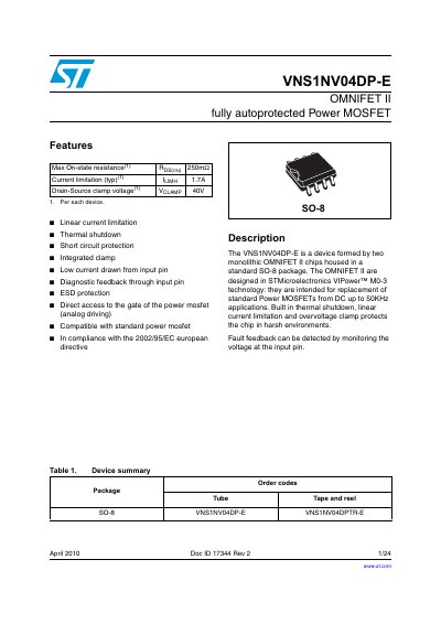 STMicroelectronics VNS1NV04DP-E OMNIFET II Datasheet