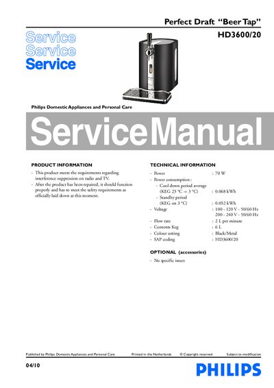 Philips HD3600/20 Perfect Draft Beer Tap Service Manual - cover page