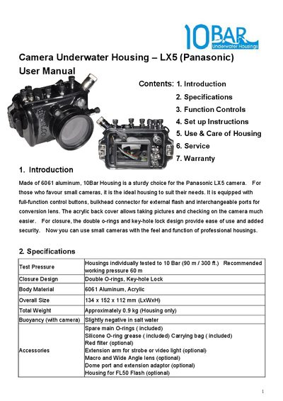 10Bar LX5 Underwater Housing User Manual - cover page