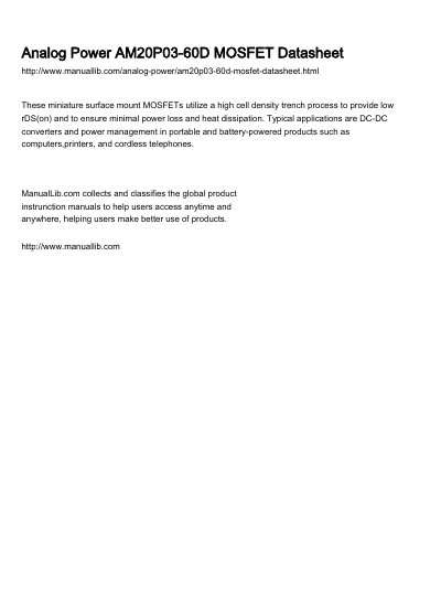 Analog Power AM20P03-60D MOSFET Datasheet - cover page