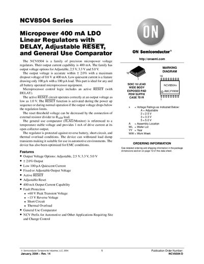 ON Semiconductor NCV8504 Series Linear Regulator Datasheet - cover page
