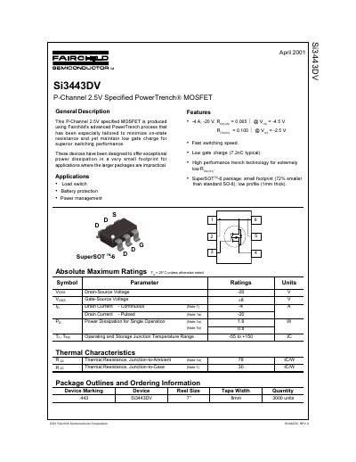 Fairchild Semiconductor Si3443DV P-Channel MOSFET Datasheet - cover page