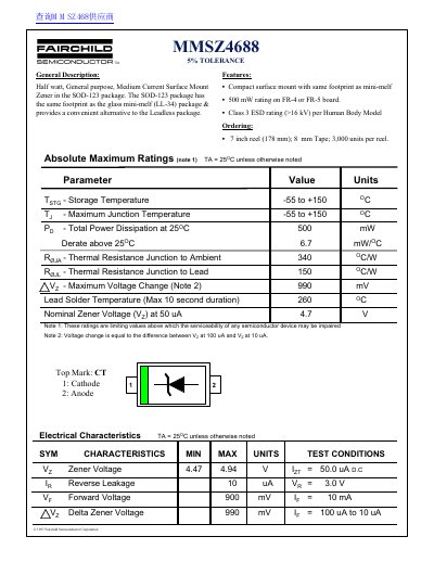 Fairchild MMSZ4688 Zener Diode Datasheet - cover page