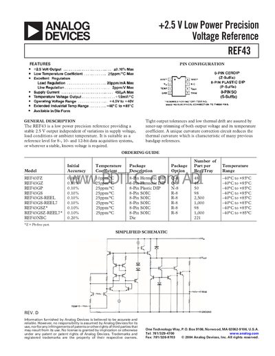 Analog Devices REF43 Voltage Reference Datasheet - cover page