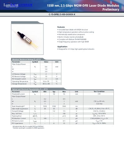 Luminent C-15-DFB2.5-XD-SXXXX-X 1550 nm 2.5 Gbps MQW‑DFB Laser Diode Modules Preliminary Handbook - cover page