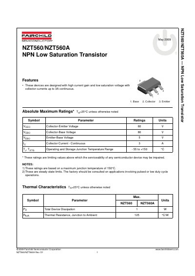 Fairchild Semiconductor NZT560/NZT560A NPN Low Saturation Transistor Datasheet - cover page