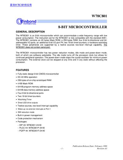 Winbond W78C801 8‑Bit Microcontroller Datasheet - cover page