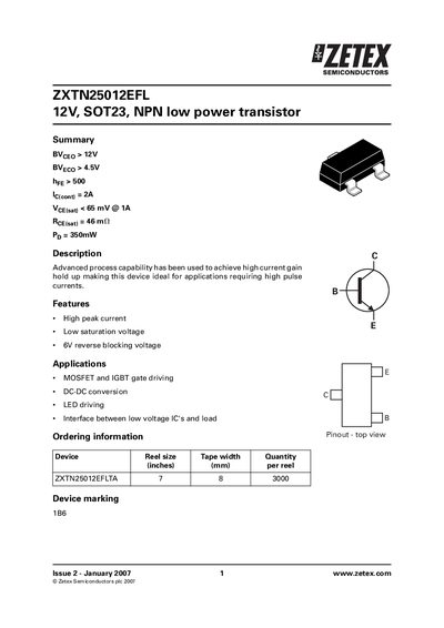 Zetex ZXTN25012EFL NPN Transistor Datasheet - cover page