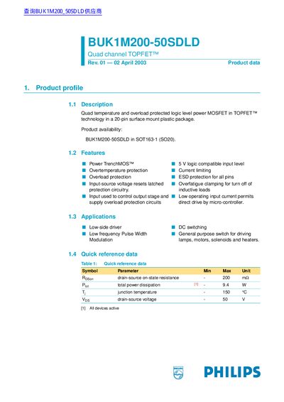 Philips BUK1M200-50SDLD Quad Channel TOPFET Product Data Sheet - cover page