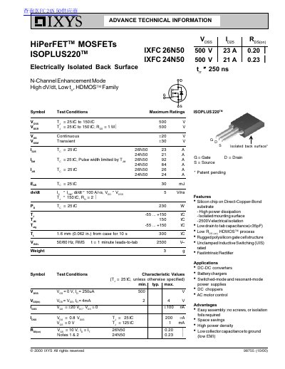 IXYS IXFC24N50/26N50 MOSFET Datasheet - cover page