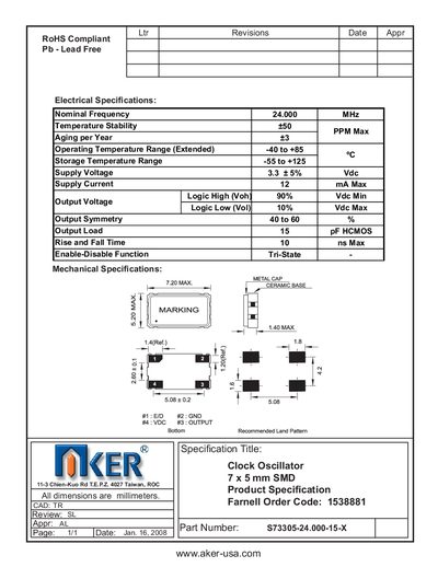 AKER - aker-usa.com 11-3 Chien-Kuo Rd T.E.P.Z. 4027 Taiwan ROC S73305-24.000-15-X Manual