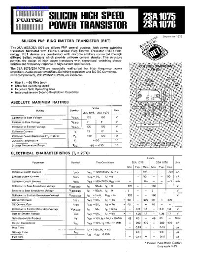 Fujitsu 2SA1075/2SA1076 Silicon PNP Transistor Datasheet - cover page
