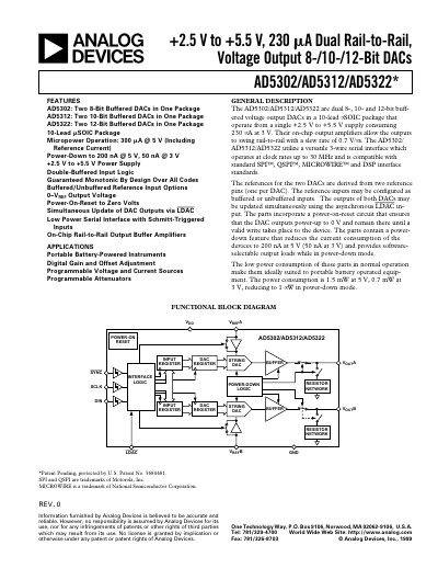 ANALOG DEVICES +2.5 V to +5.5 V 230 mA Dual Rail-to-Rail Voltage Output 8-/10-/12-Bit DACs AD5302/AD5312/AD5322* handbook - cover page