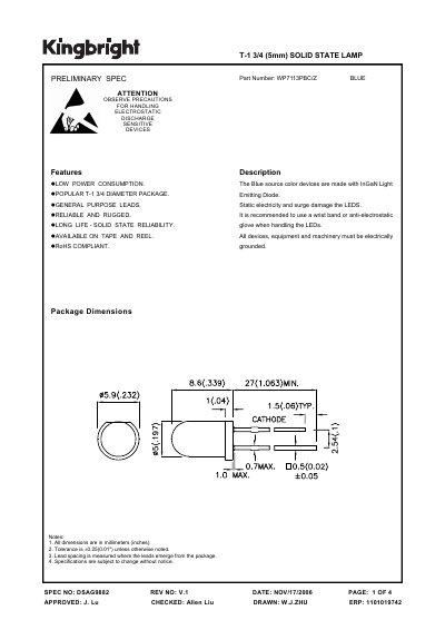 KINGBRIGHT T-1 3/4 (5mm) SOLID STATE LAMP Part Number: WP7113PBC/Z - cover page