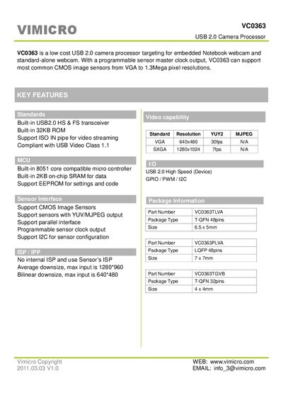 Vimicro VC0363 USB 2.0 Camera Processor Datasheet - cover page