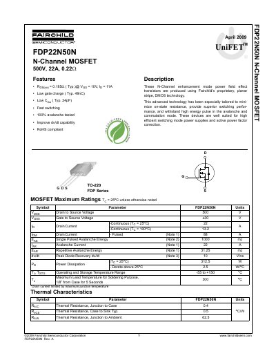 Fairchild FDP22N50N N-Channel MOSFET Datasheet - cover page