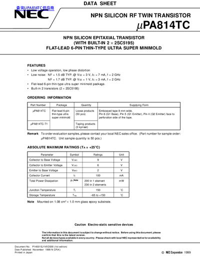 NEC uPA814TC Datasheet - cover page