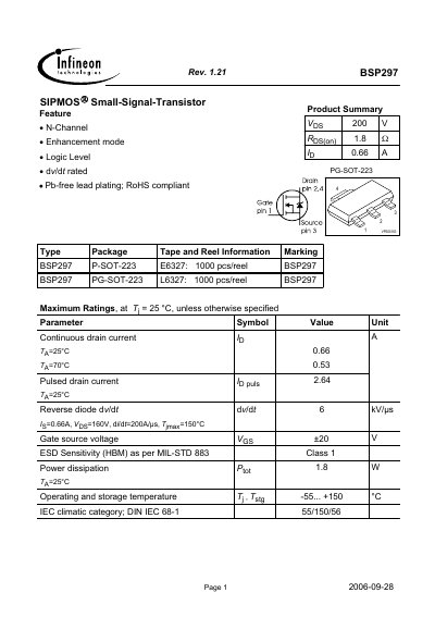 Infineon BSP297 Small-Signal Transistor Datasheet - cover page