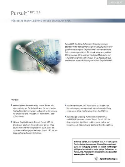 Varian Pursuit UPS 2.4 HPLC Column Product Leaflet - cover page