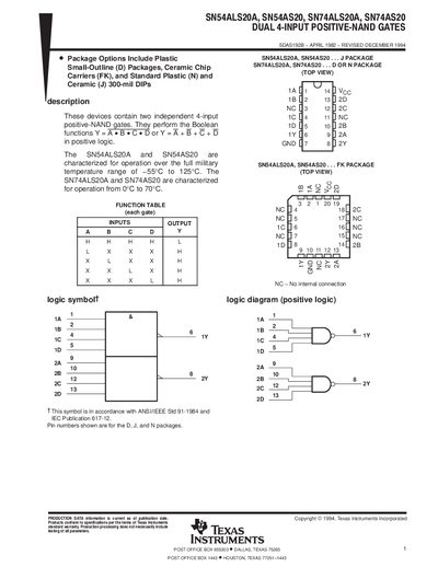 TEXAS INSTRUMENTS SN54ALS20A SN54AS20 SN74ALS20A SN74AS20 handbook - cover page