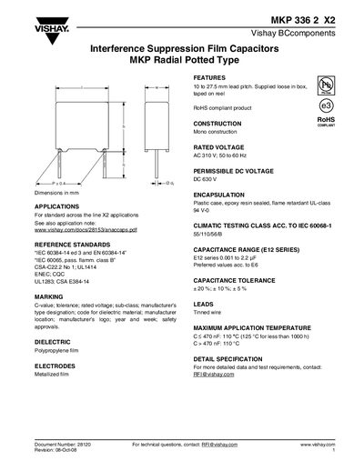 Vishay MKP 336 2 X2 Interference Suppression Film Capacitor Datasheet - cover page