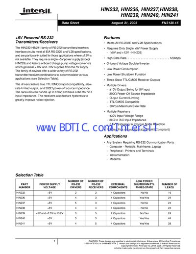 intersil HIN232 HIN236 HIN237 HIN238 HIN239 HIN240 HIN241 Manual - cover page