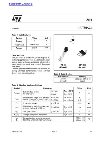 STMicroelectronics Z01 TRIAC Datasheet - cover page