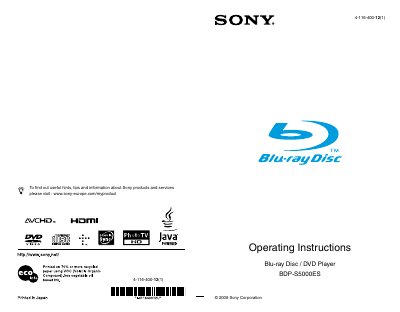 Sony BDP-S5000ES Blu-ray Disc Player User Manual - cover page