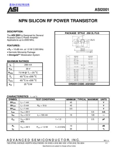 ASI ASI2001 NPN Silicon RF Power Transistor Datasheet - cover page
